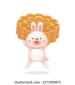 Cute Rabbit mascot character and traditional food and dessert for Mid-Autumn Festival: moon cake