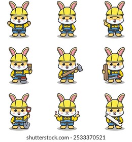 Linda mascota de conejo trabaja en la construcción. Dibujos animados del constructor del conejo lindo. Constructores de animales.
