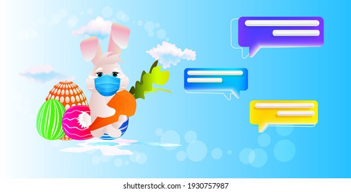 cute rabbit in mask with decorative eggs happy easter holiday celebration online communication concept horizontal vector illustration
