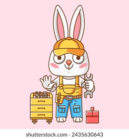 Cute rabbit mechanic with tool at workshop cartoon animal character mascot icon flat style illustration concept set