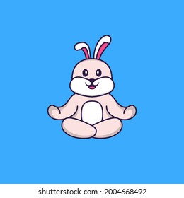 Cute rabbit is meditating or doing yoga. Animal cartoon concept isolated. Can used for t-shirt, greeting card, invitation card or mascot.