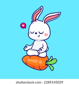 Cute Rabbit Meditation Yoga On Carrot Cartoon Vector Icon Illustration. Animal Sport Icon Concept Isolated Premium Vector. Flat Cartoon Style