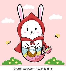 Cute rabbit mermaid cartoon hand drawn