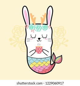 Cute rabbit mermaid drinking coffee. hand draw cartoon and flower with pastel color background.