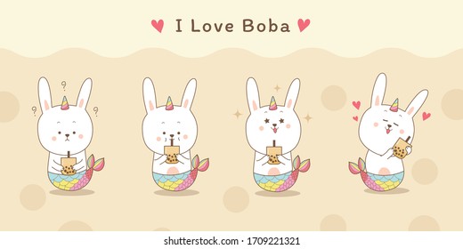 cute rabbit mermaid unicorn drinking a bubble milk tea cartoon hand draw banner