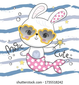 Cute rabbit mermaid wearing sunglasses with magic wand on blue wave striped background illustration vector.