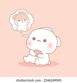 Cute rabbit missing her boyfriend, happy valentine's day, cartoon character illustration