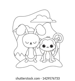 cute rabbit with monkey animals in landscape