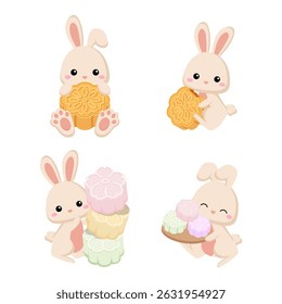 Cute rabbit with moon cake celebrating Mid autumn festival clip art