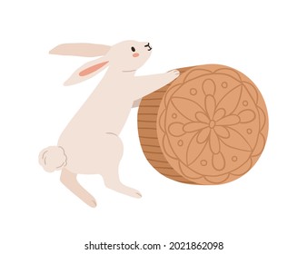 Cute rabbit with moon cake for mid-autumn festival in Japan. Bunny with hold traditional festive mooncake for Chinese holiday. Flat vector illustration of hare and cookie isolated on white background