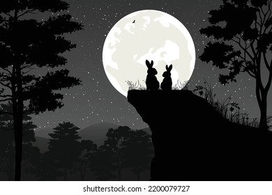 cute rabbit and moon silhouette landscape