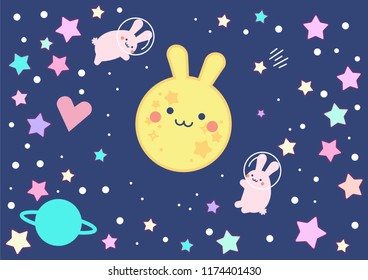 cute rabbit moon space background illustration conceptual vector