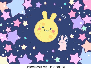 cute rabbit moon space background illustration conceptual vector