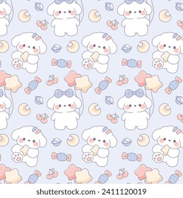 Cute rabbit with moon and star seamless pattern kawaii wallpaper