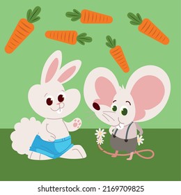 cute rabbit and mouse with carrots