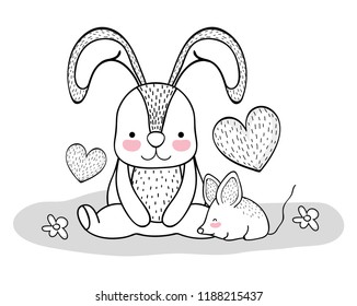 cute rabbit and mouse with hearts and flowers