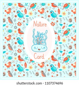 Cute rabbit nature background with bird and forest seamless pattern