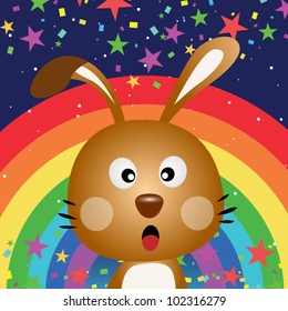 Cute rabbit in the night sky with rainbow