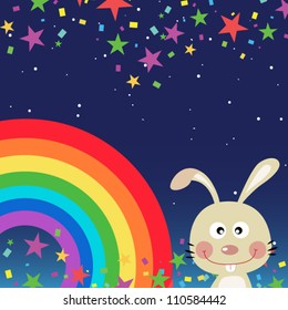 Cute rabbit in the night sky with rainbow