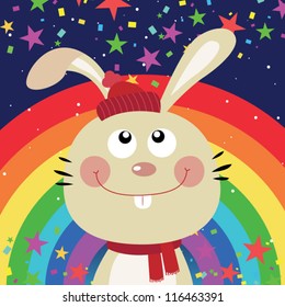 Cute rabbit in the night sky with rainbow