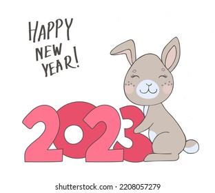 Cute rabbit, the number 2023 and the handwritten inscription Happy New Year.