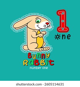 cute rabbit with number one, Animal Nature, isolated Flat Vector Illustration