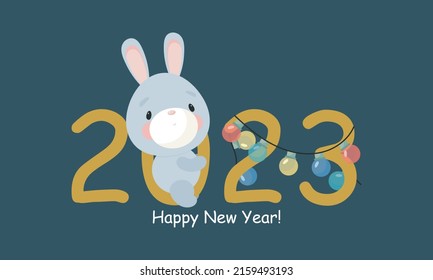 Cute Rabbit with numbers 2023. For card, posters, banners, calendar, invitations. Vector illustration in cartoon style.