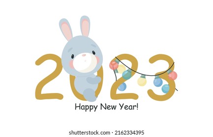 Cute Rabbit with numbers 2023. For card, posters, banners, calendar, invitations. Vector illustration in cartoon style.