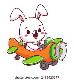 Cute Rabbit on Airplane Cute Cartoon Vector Illustration. Kawaii Adorable Animal Pilot Concept Design. Travel And Transportation Themes. Isolated White Background.