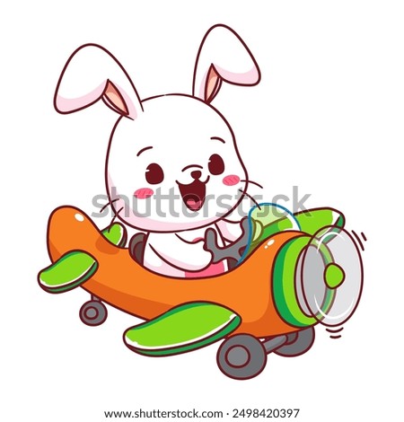 Cute Rabbit on Airplane Cute Cartoon Vector Illustration. Kawaii Adorable Animal Pilot Concept Design. Travel And Transportation Themes. Isolated White Background.