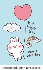 Cute rabbit on balloon in the sky. Have a nice day writing. Character cartoon design. Vector. Illustration.