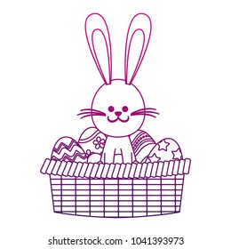 Cute rabbit on basket with easter eggs