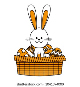 Cute rabbit on basket with easter eggs