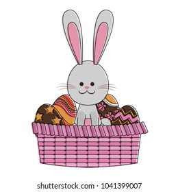 Cute rabbit on basket with easter eggs