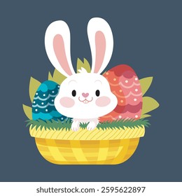 cute rabbit on the basket in isolated flat design