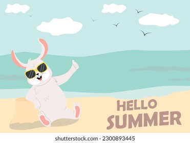 Cute Kaninchen am Strand. Hallo Sommerkarte mit Hase. Vektorgrafik