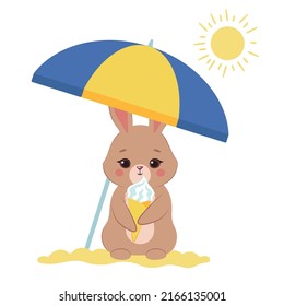 Cute rabbit on a beach under the umbrella. Fluffy bunny cartoon. Summer Vector illustration.