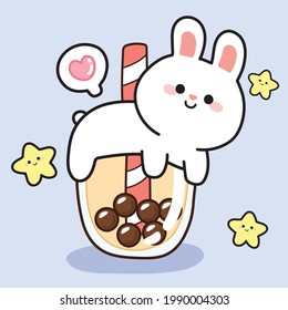 Cute rabbit on bubble milk tea cup cartoon.Star on blue background.Character animal design.Kid graphic.Isolated.Kawaii.Image.Art.Sticker.Vector.Illutration.