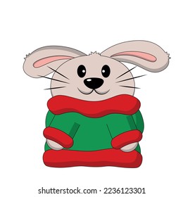 Cute Rabbit on Chrismas sweater. Draw illustration in color