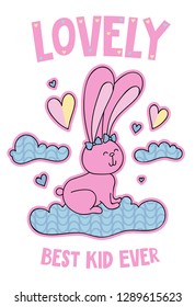 Cute rabbit on a cloud cartoon hand drawn vector illustration. Can be used for t-shirt print, kids wear fashion design, childrens pyjamas, baby shower, invitation card, poster. Best kid ever.