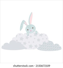 Cute Rabbit on the cloud. A gray bunny is hiding among the clouds. Balloons and airship. Children's illustration, Cute print, vector. Isolated on a white background.