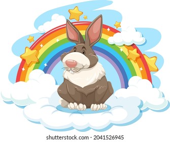 Cute rabbit on the cloud with rainbow illustration