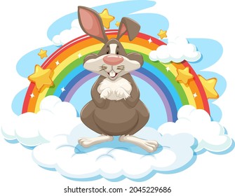 Cute rabbit on the cloud with rainbow illustration