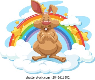 Cute rabbit on the cloud with rainbow illustration