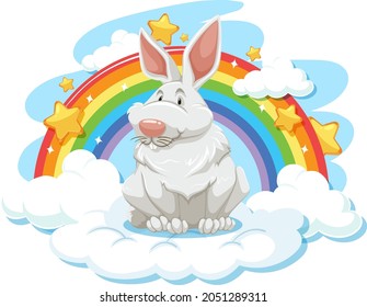 Cute rabbit on the cloud with rainbow illustration