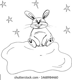Cute rabbit on a cloud with stars silhouette cartoon hand drawn vector illustration. Can be used for t-shirt print, kids wear fashion design, baby shower invitation card