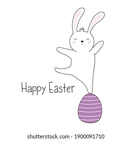 Cute rabbit on egg for Easter day with lettering- Happy Easter. Drawn vector illustration. Good for posters, t shirts, postcards.
