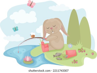 Cute rabbit on a fishing trip. The image of a rabbit who fell asleep with a fishing rod in his hand. A hare on a background of trees, flowers, strawberries and a pond. Vector illustration