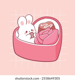 Cute rabbit on the heart shaped gift box valentine's day kawaii animal illustration.

