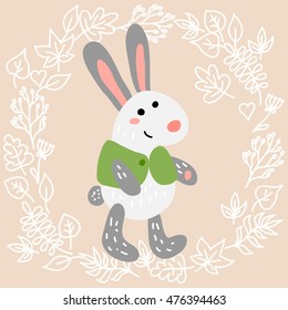 Cute rabbit on leaves background vector illustration